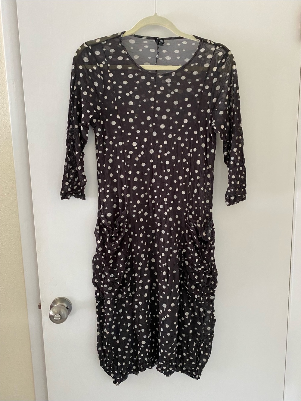 Lisa Bayne Polka Dot Sheer Mesh Dress Black and White Crinkle Size Small